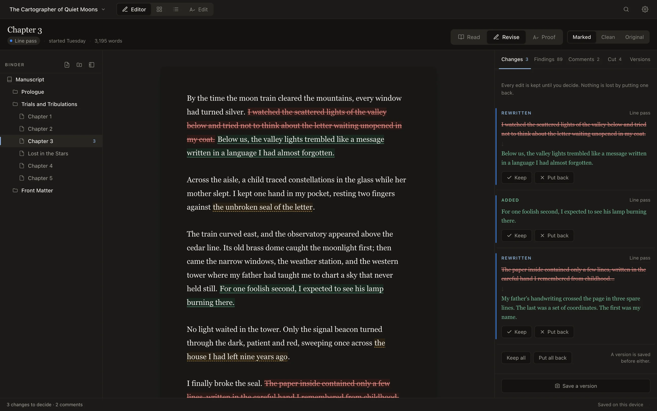 MUSE in its revision view, where every tracked edit is listed as a change the writer can keep or put back.